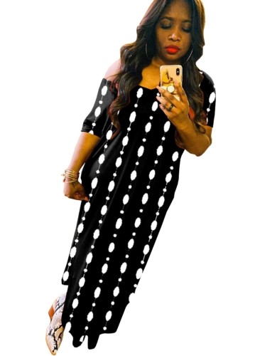 Black Polka Dot Asymmetrical Neck Slit Long Dress