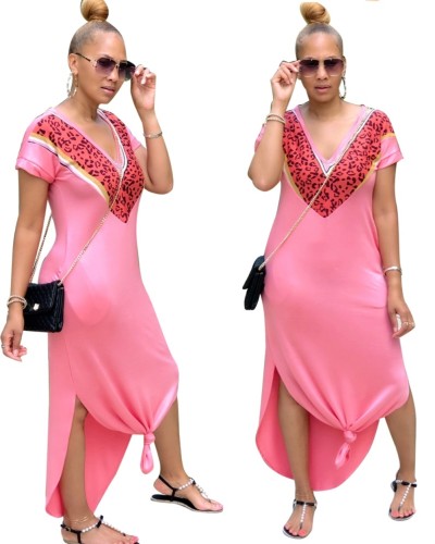 Pink Leopard Print Deep-V Slit Long Dress