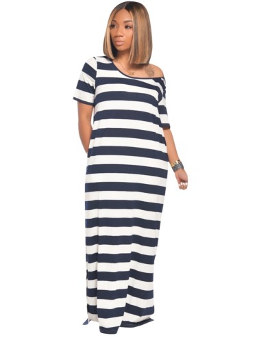 Navy Blue and White Stripes Hoody Long Dress
