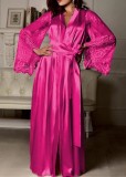 Hot Pink Lace Bell Sleeves Belted Long Bed Dress