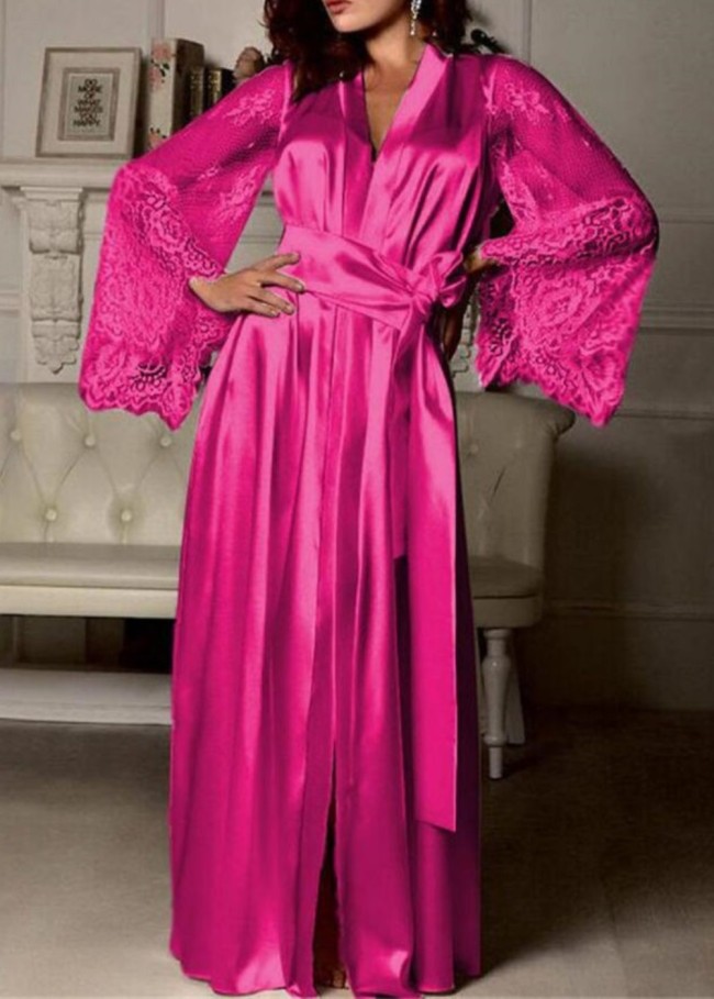 Hot Pink Lace Bell Sleeves Belted Long Bed Dress