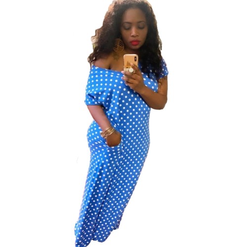 Blue Polka Dot Pocket Slit Long Dress