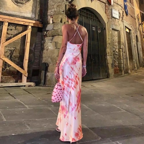 Tie Dye Red Cross Back Long Slip Dress