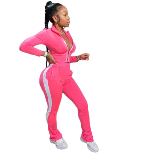 Contrast Stripes Pink Casual Sweatsuits