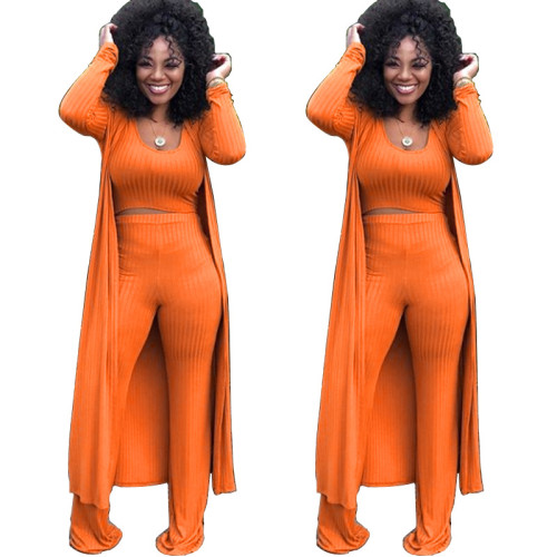 Orange Ribbed Top & Pants with Cardigan 3PCS Set