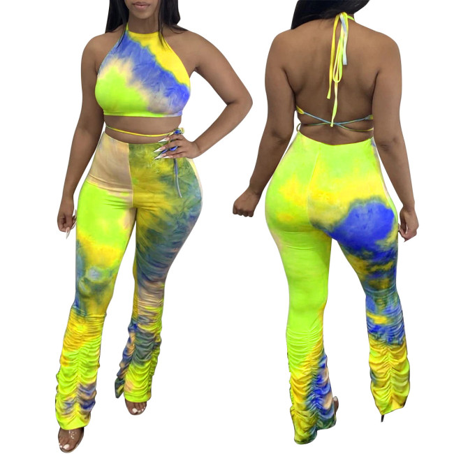 Tie Dye Green Backless Two Piece Stack Pants Set