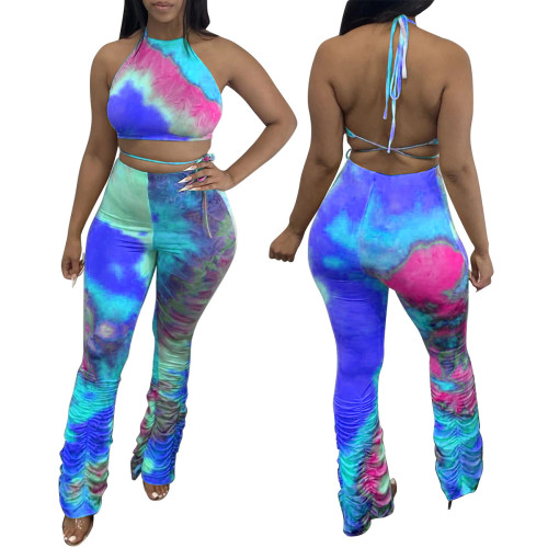 Tie Dye Blue Backless Two Piece Stack Pants Set