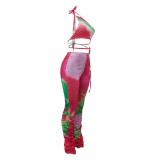 Tie Dye Hot Pink Backless Two Piece Stack Pants Set