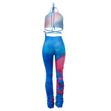 Tie Dye Blue Backless Two Piece Stack Pants Set