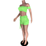 Sexy Neon Green Off Shoulder Top & Shorts Set XS-XL