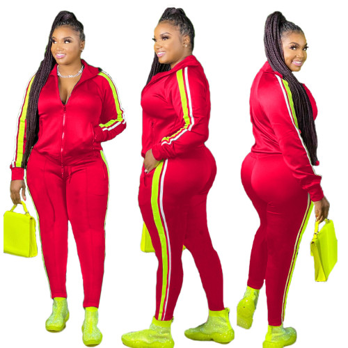 Red Two Piece Tracksuit with Side Stripes