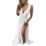 White Sleeveless Surplice Belted Split Maxi Dress