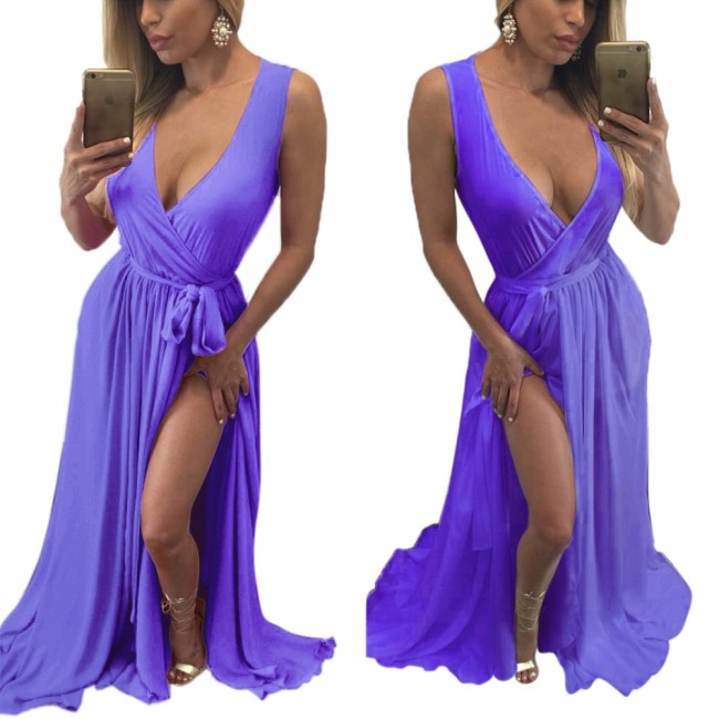 Purple Sleeveless Surplice Belted Split Maxi Dress