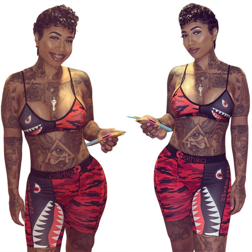 Print Red Sporty Two Piece Shorts Set