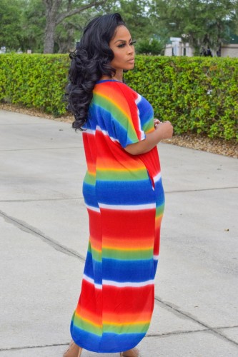 Colorful Stripes Slit Casual Long Dress