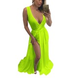 Neon Green Sleeveless Surplice Belted Split Maxi Dress