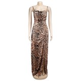 Leopard Lace-up Slit Long Dress