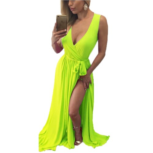 Neon Green Sleeveless Surplice Belted Split Maxi Dress