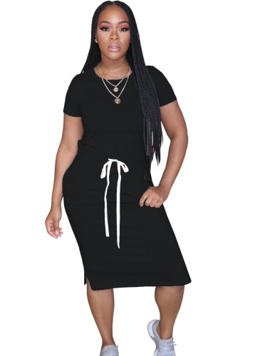 Black Casual Drawstring Midi Dress