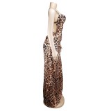 Leopard Lace-up Slit Long Dress