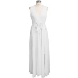 White Sleeveless Surplice Belted Split Maxi Dress