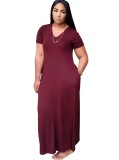 Wine Red V-Neck Casual Long Dress