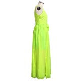 Neon Green Sleeveless Surplice Belted Split Maxi Dress