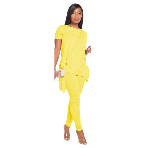 Yellow Tie Side Ruched Two Piece Pants Set