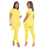 Yellow Tie Side Ruched Two Piece Pants Set