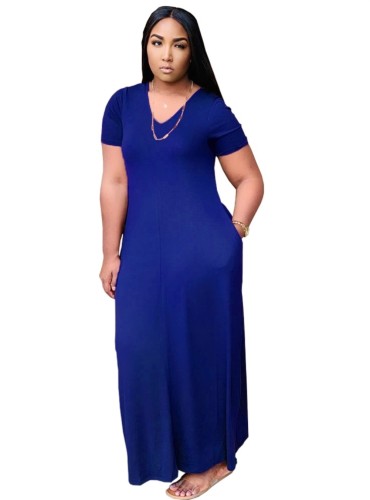Blue V-Neck Casual Long Dress