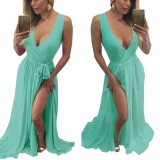 Green Sleeveless Surplice Belted Split Maxi Dress