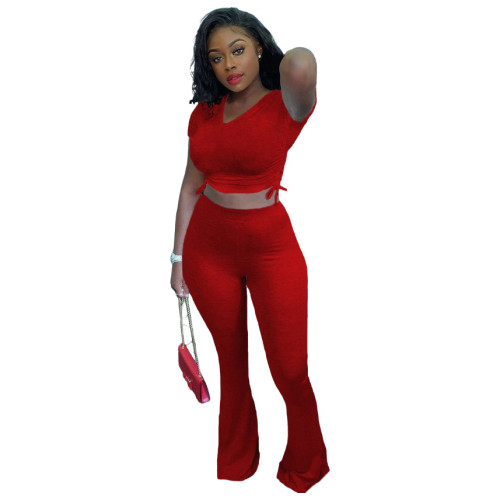 Red Drawstring Sides Two Piece Flare Pants Set