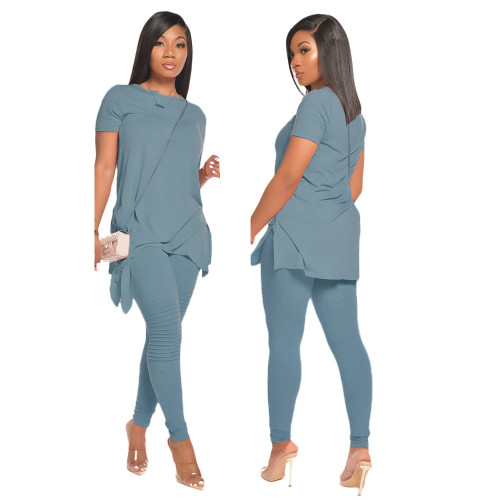 Blue Tie Side Ruched Two Piece Pants Set