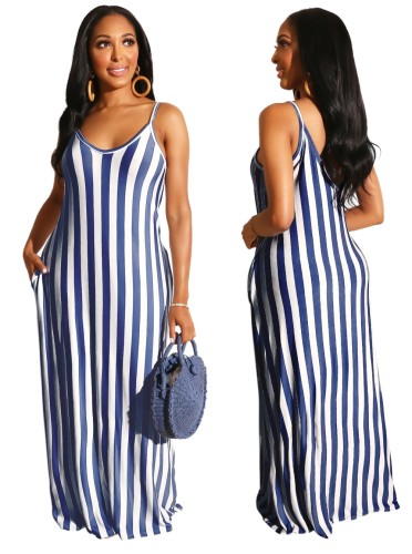 Blue Striped Casual Long Slip Dress