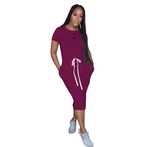 Burgundy Casual Drawstring Midi Dress