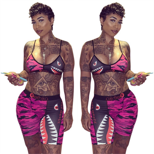 Print Hot Pink Sporty Two Piece Shorts Set