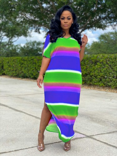 Stripes Multicolor Slit Casual Long Dress