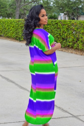 Stripes Multicolor Slit Casual Long Dress