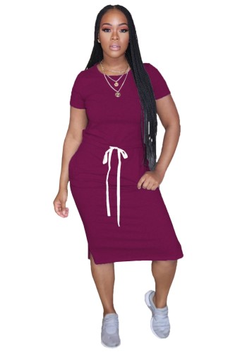 Burgundy Casual Drawstring Midi Dress