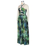 Green Tropical Print Halter Long Dress