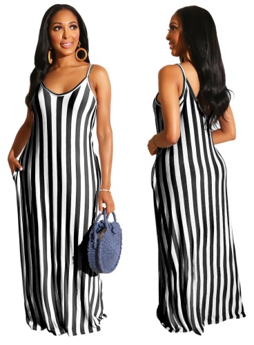 Black Striped Casual Long Slip Dress