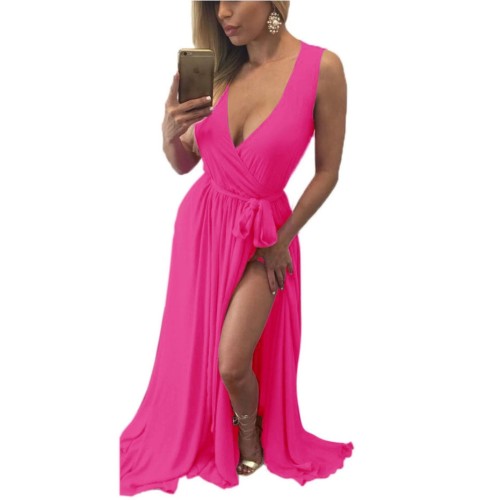 Hot Pink Sleeveless Surplice Belted Split Maxi Dress