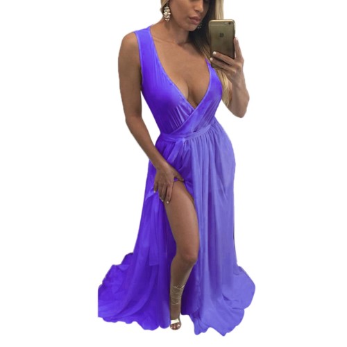 Purple Sleeveless Surplice Belted Split Maxi Dress
