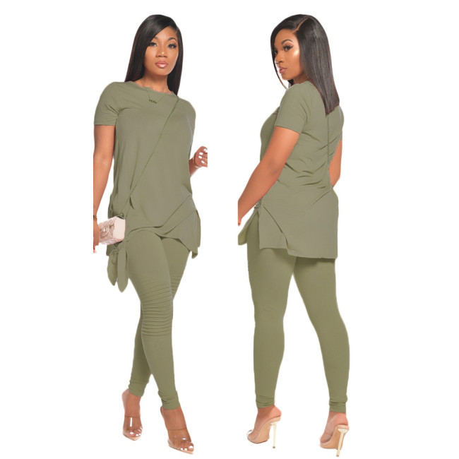 Light Green Tie Side Ruched Two Piece Pants Set