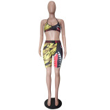 Print Yellow Sporty Two Piece Shorts Set
