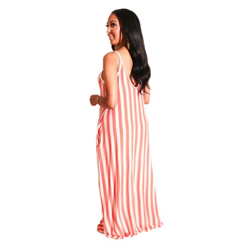 Red Striped Casual Long Slip Dress