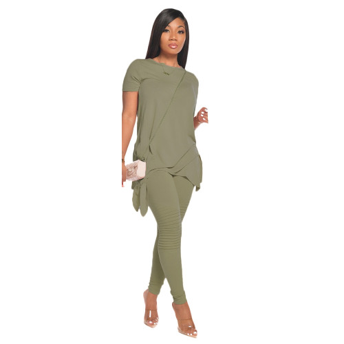 Light Green Tie Side Ruched Two Piece Pants Set