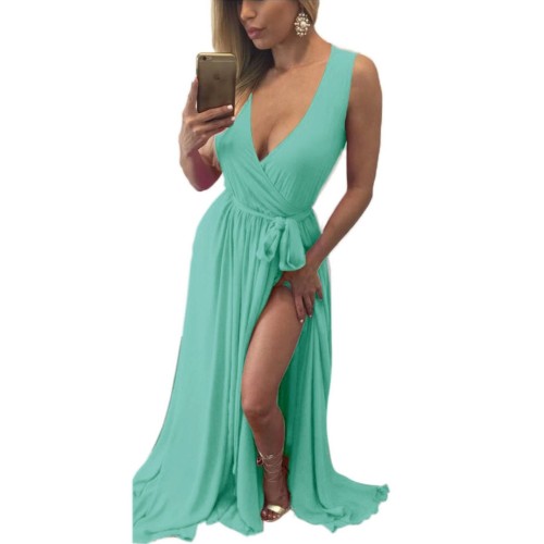 Green Sleeveless Surplice Belted Split Maxi Dress