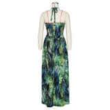 Green Tropical Print Halter Long Dress