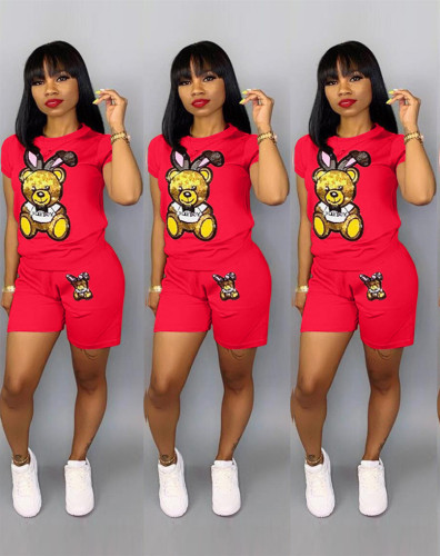 Bear Print Red Two Piece Shorts Set